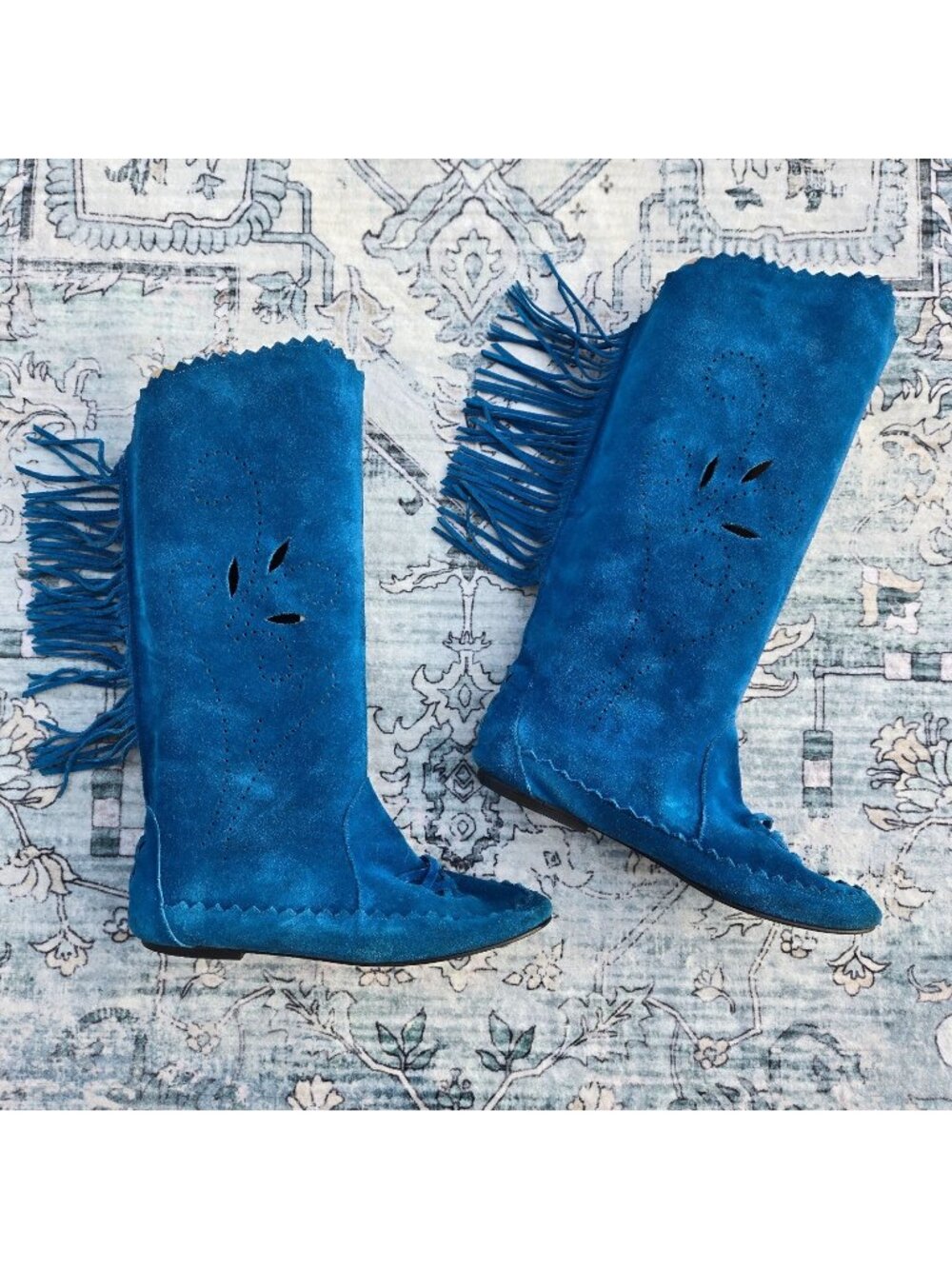 Vintage 80s Chinese Laundry RARE Vibrant Blue Suede Fringe Slouchy Boots Size 8
